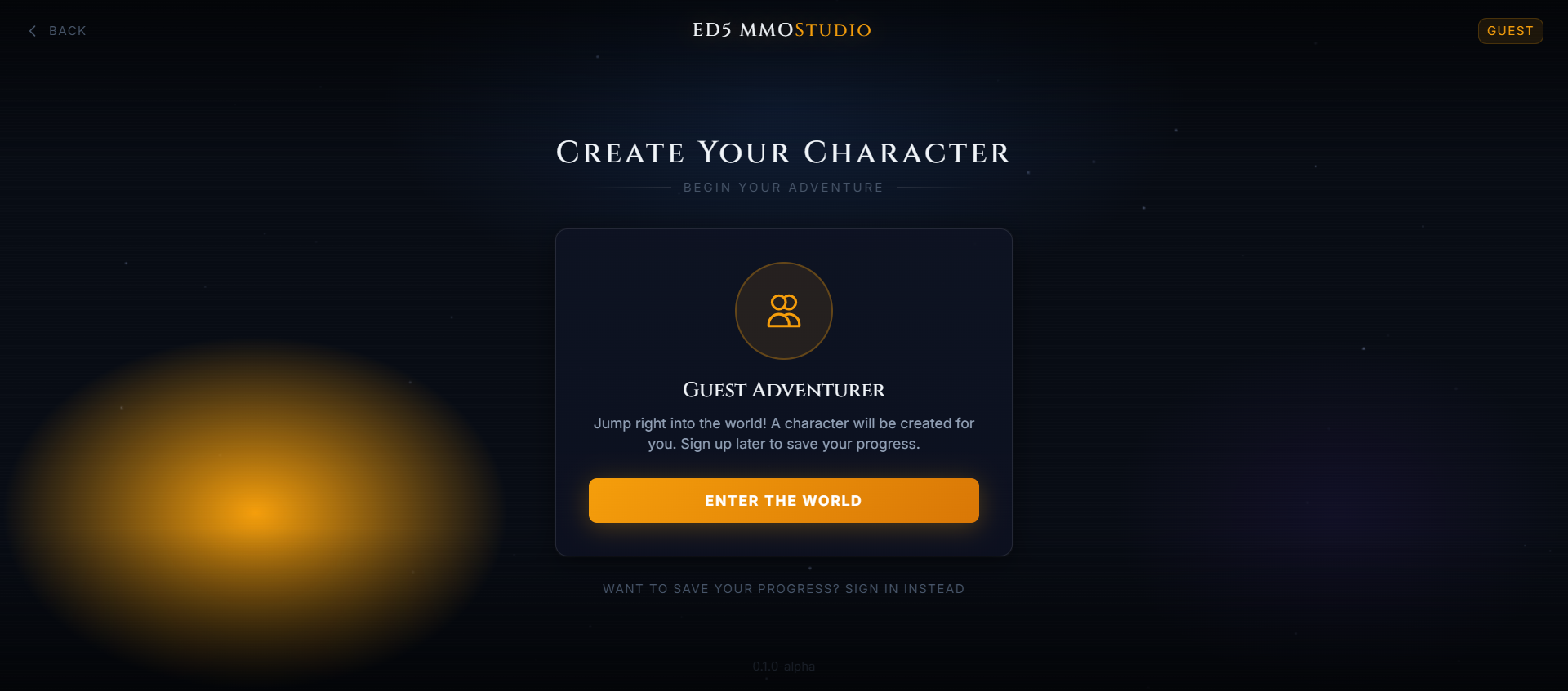 Game client — Character creator with guest play and sign-in options