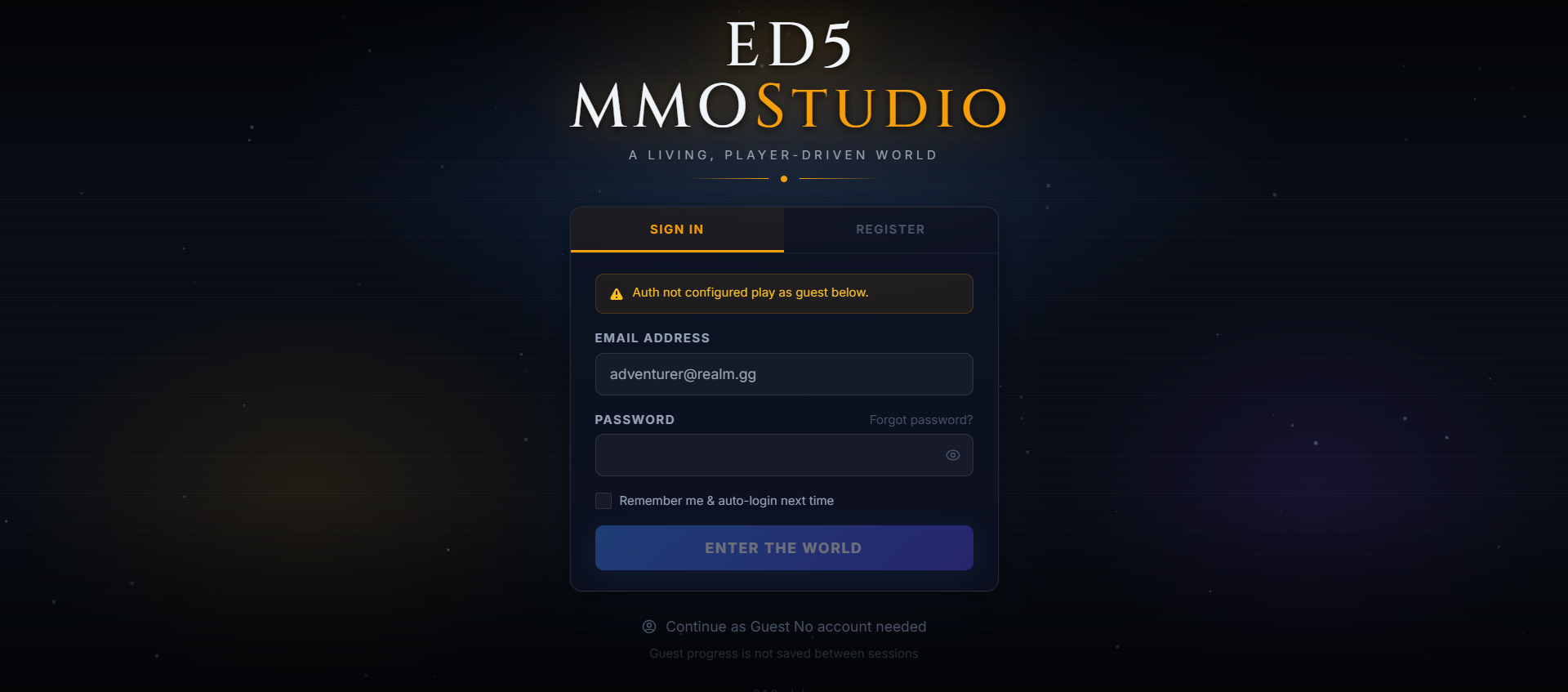 Game client — Login screen with sign-in, register, and guest play options