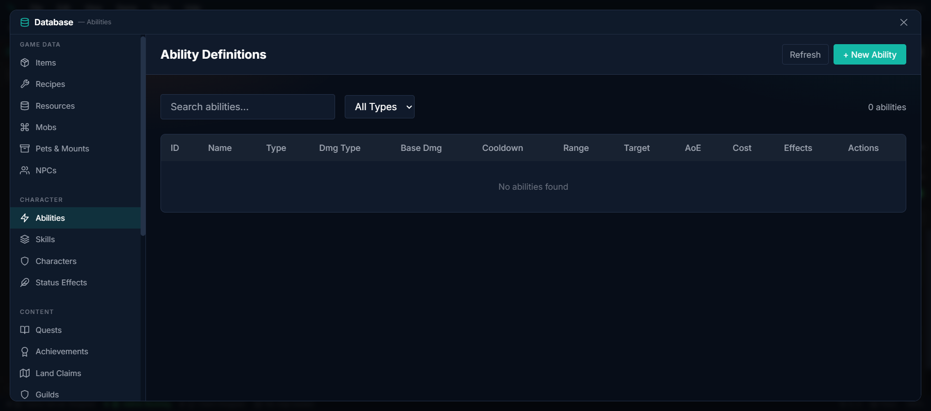 Abilities editor — Creating a fireball ability with AoE, damage type, and cooldown