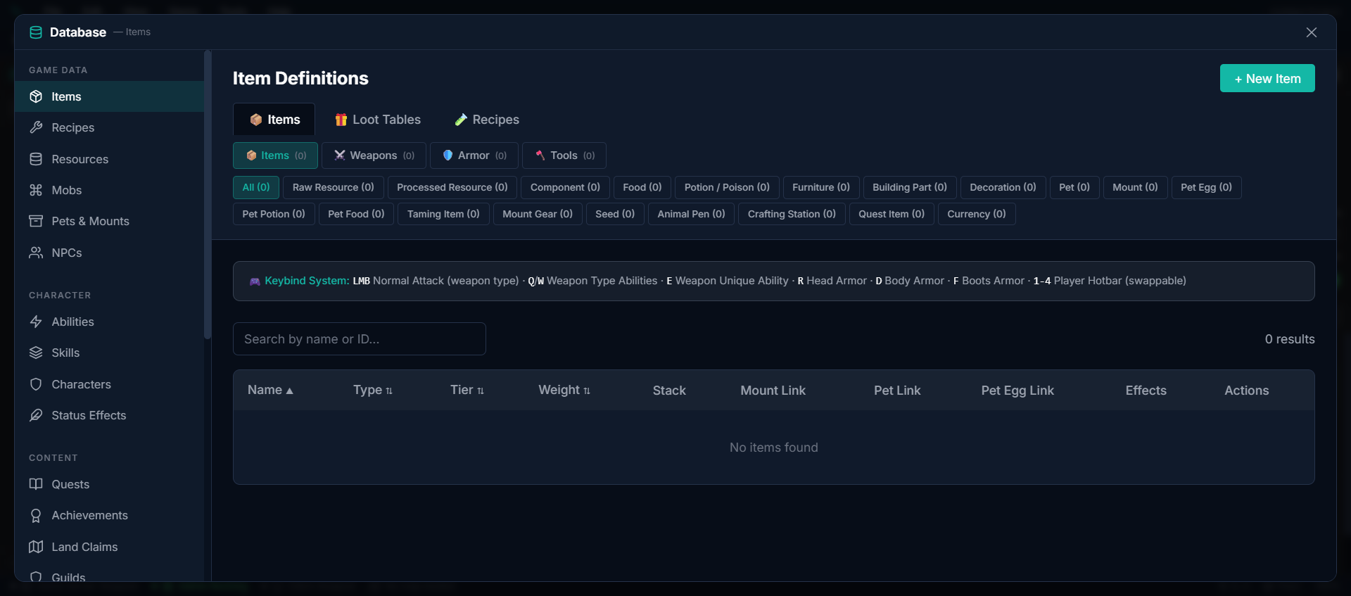 Items editor — Creating a weapon with stats, tier, and equipment slot configuration