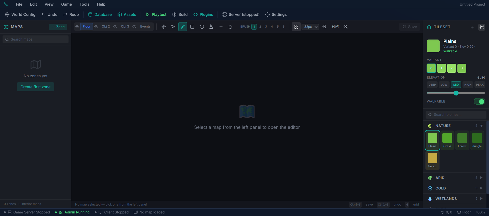 ED5 MMO Studio — Zone editor with tileset palette, brush tools, and map layers