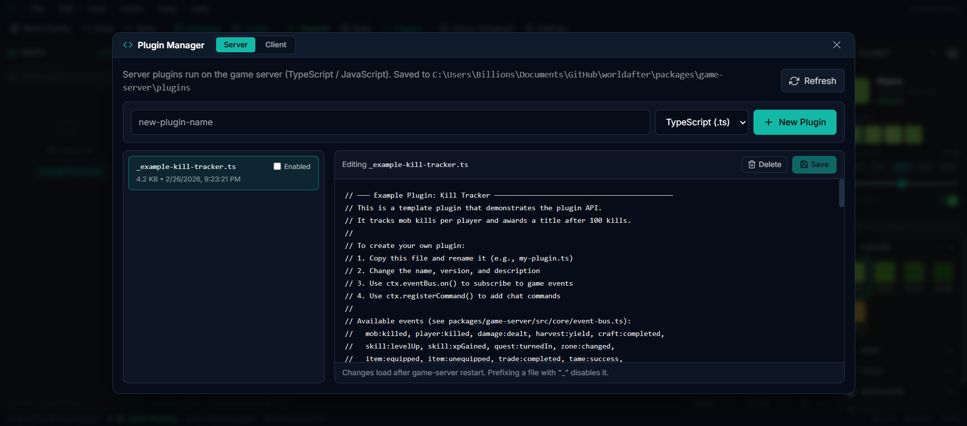 Plugin Manager — Code editor with plugin list, server/client tabs, and live editing